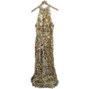 Love & Lemonade Gold Sequin Halter Neck Gown with Train NWT
